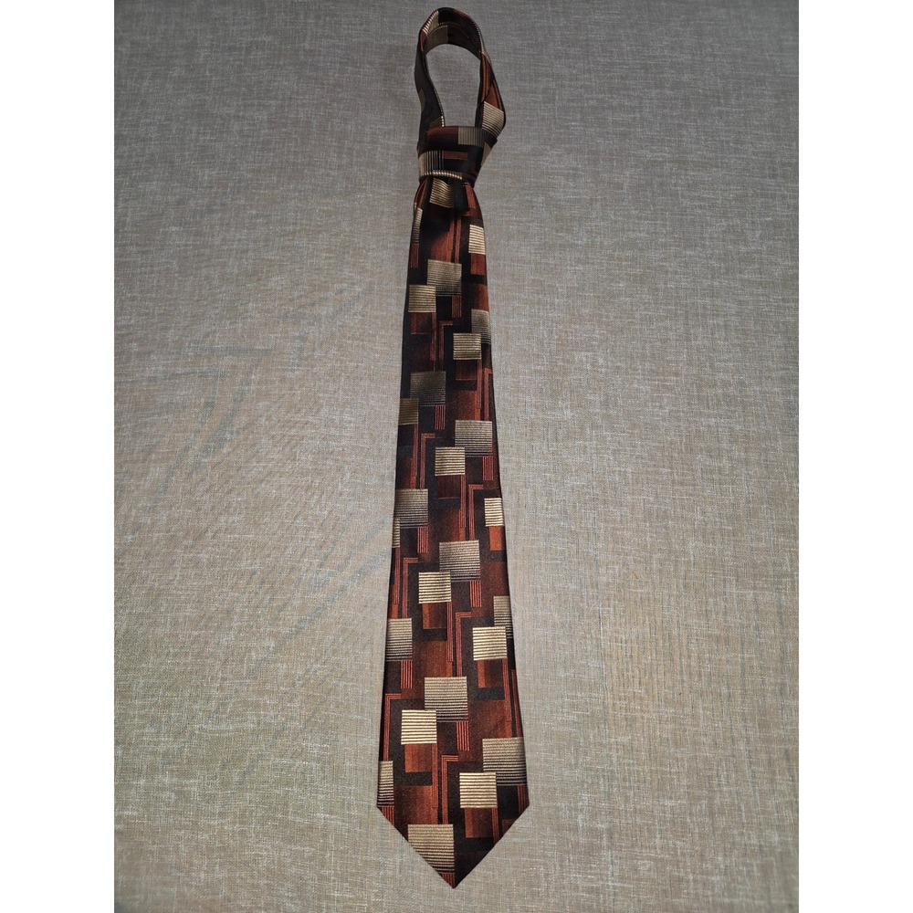 Stafford Mens Silk Necktie Copper Brown Gold Geometric Square Pattern WPL 2831‎